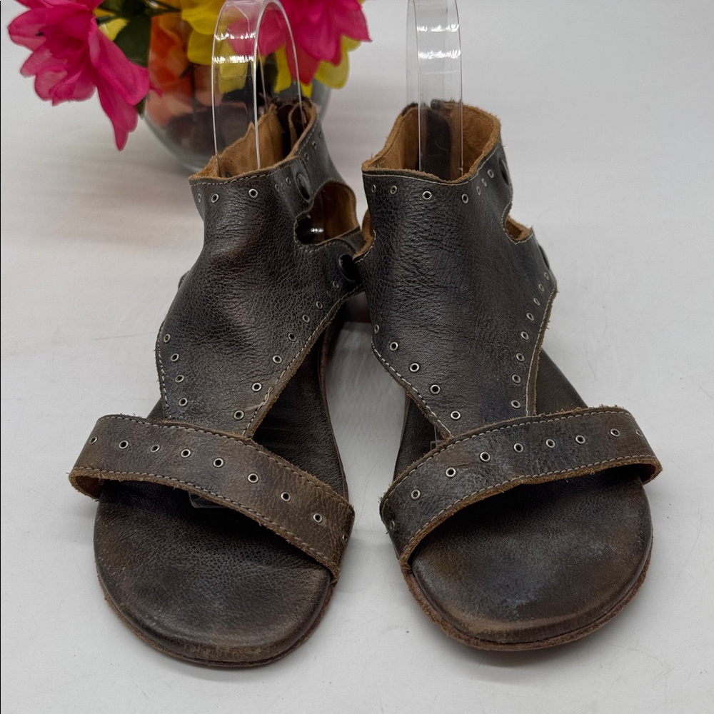 Bed Stu Dark Brown Leather Studded Cutout Sandals - Picture 2 of 7